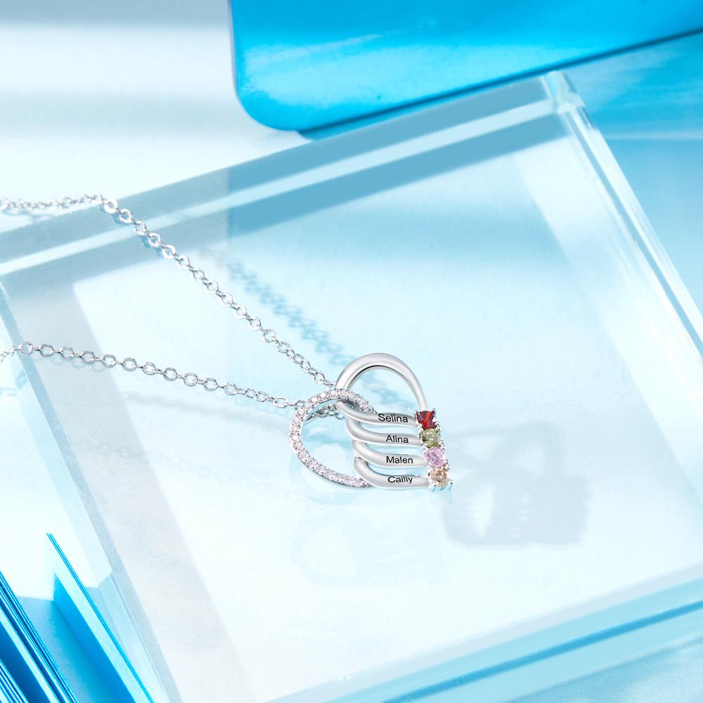 Engraved Name 2-5 Birthstones Heart Necklace Personalized Family Heart Pendant Mother Necklace Gift