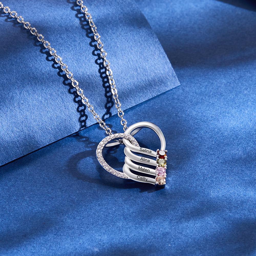 Engraved Name 2-5 Birthstones Heart Necklace Personalized Family Heart Pendant Mother Necklace Gift