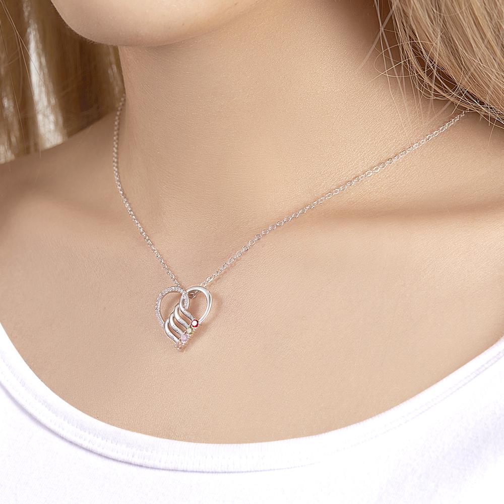 Engraved Name 2-5 Birthstones Heart Necklace Personalized Family Heart Pendant Mother Necklace Gift