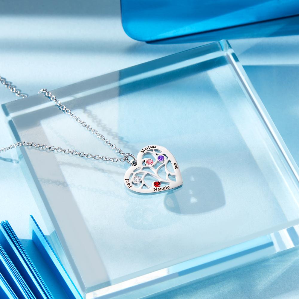 Engraved 1-5 Names Birthstone Family Tree Personalized Heart Shaped Pendant Christmas Day Gifts