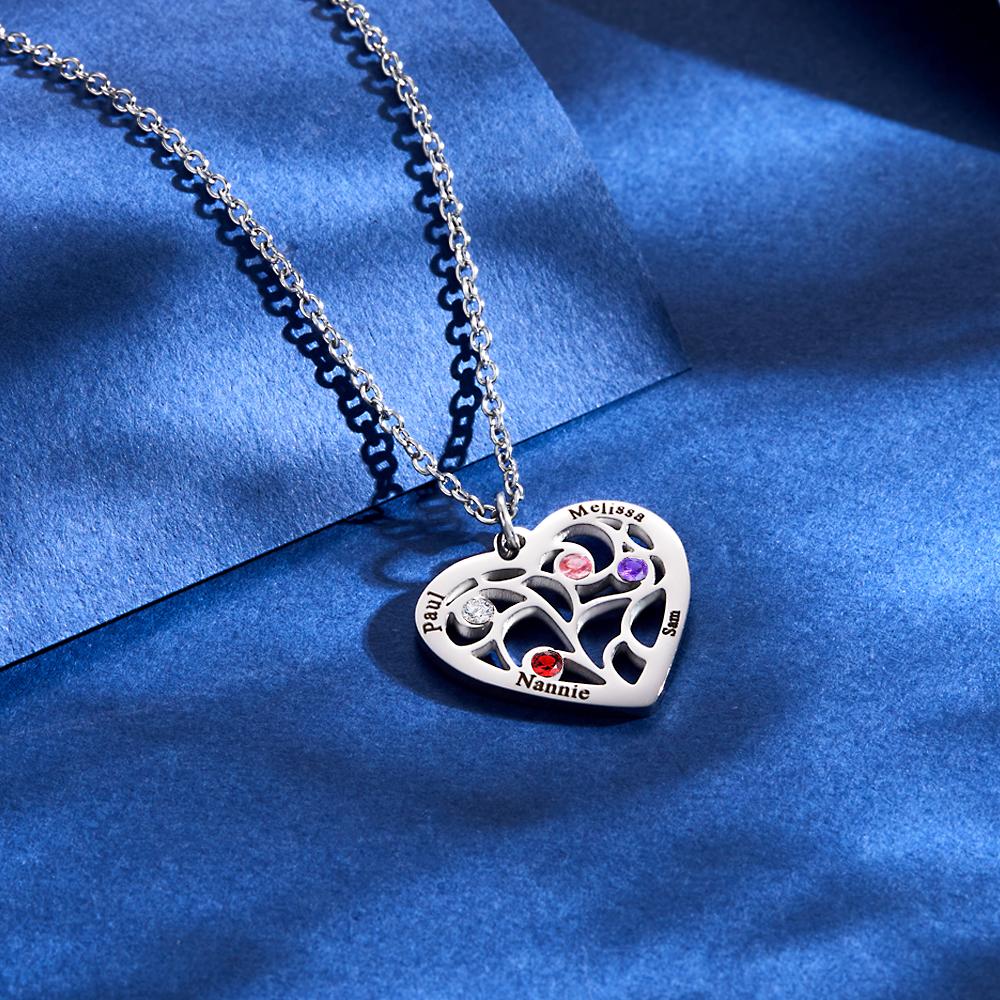 Engraved 1-5 Names Birthstone Family Tree Personalized Heart Shaped Pendant Christmas Day Gifts