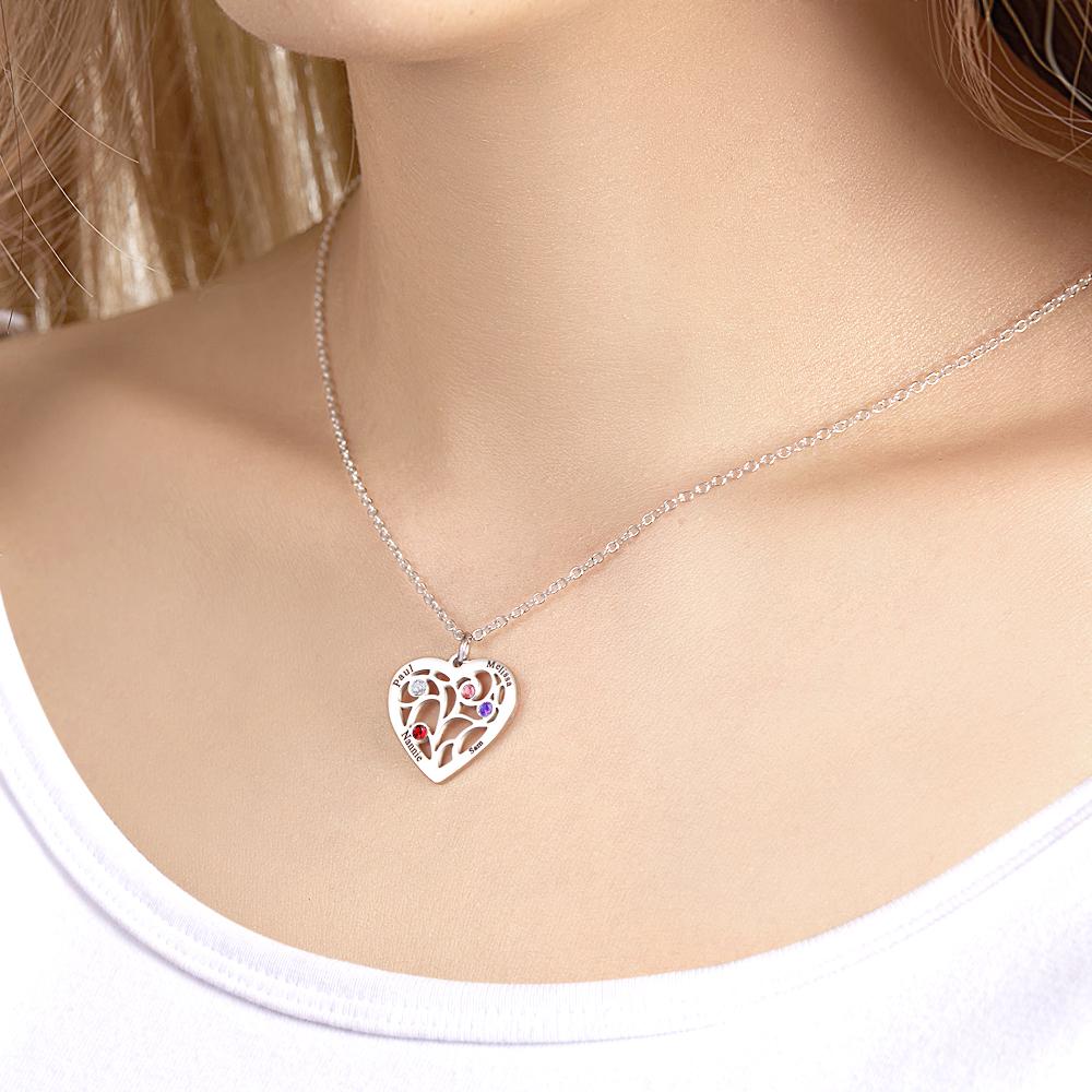 Engraved 1-5 Names Birthstone Family Tree Personalized Heart Shaped Pendant Christmas Day Gifts