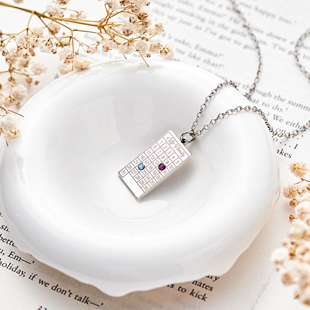 Calendar Necklace with Birthstone Gold Wedding Date Necklace Customized Calendar Gift for Her