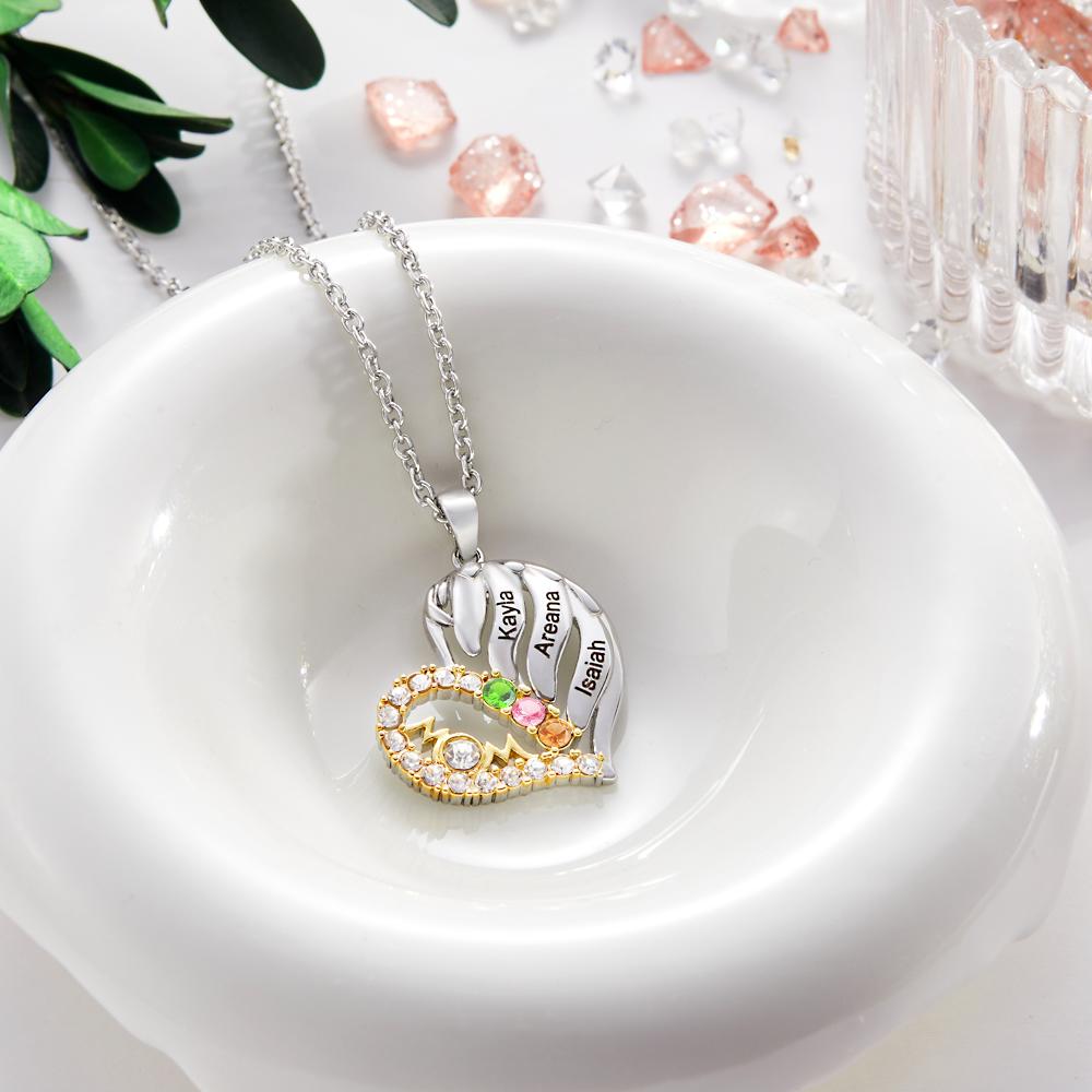 Custom Engraved Birthstone Necklace Heart Pendant Necklace Gift for Mom