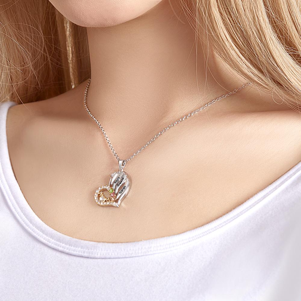 Custom Engraved Birthstone Necklace Heart Pendant Necklace Gift for Mom