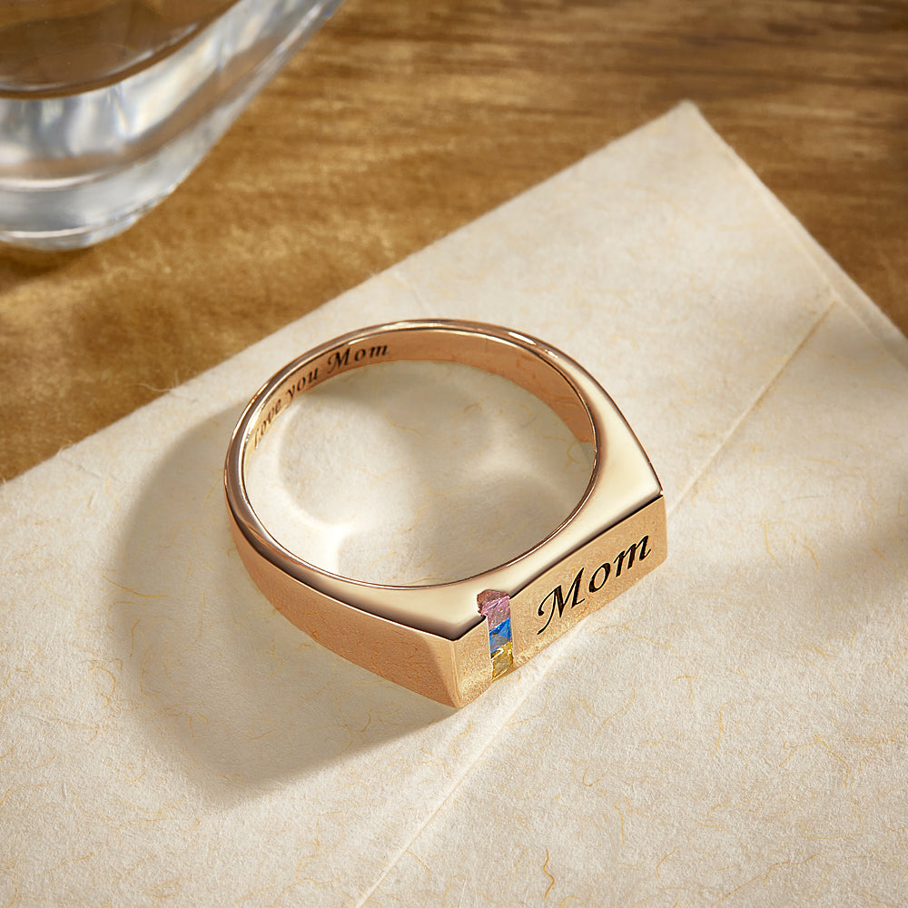 Custom Text Birthstone Ring 18k Gold Plated Personalized Family Ring Gift For Her
