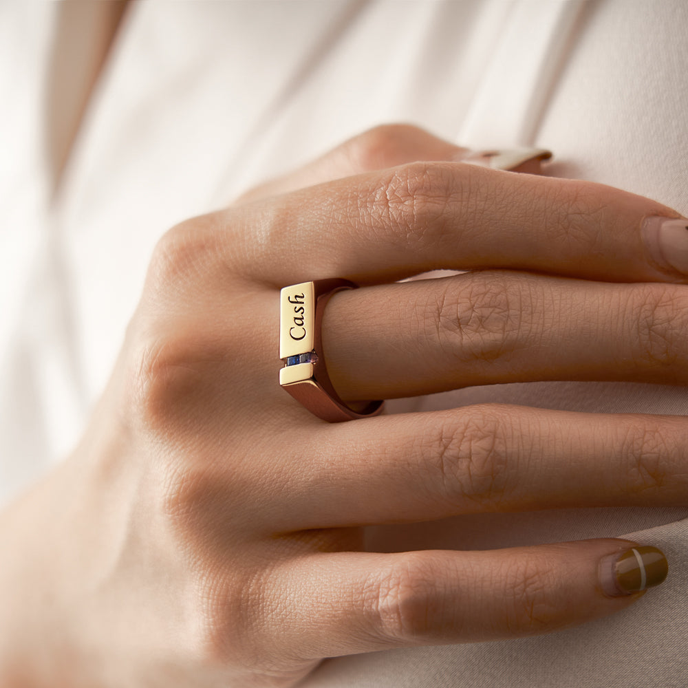 Custom Text Birthstone Ring 18k Gold Plated Personalized Family Ring Gift For Her