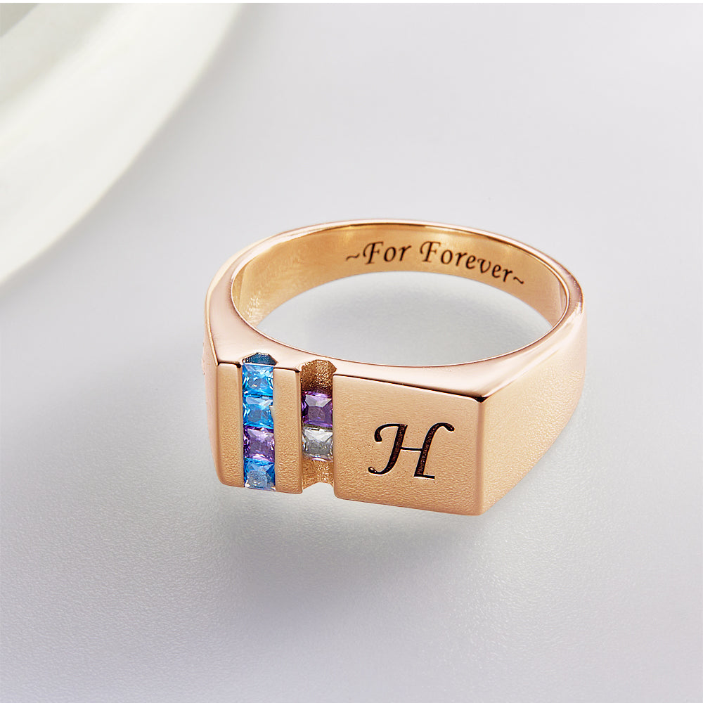 Custom Text Birthstone Ring Rose Gold Plated Personalized Family Ring Gift For Her