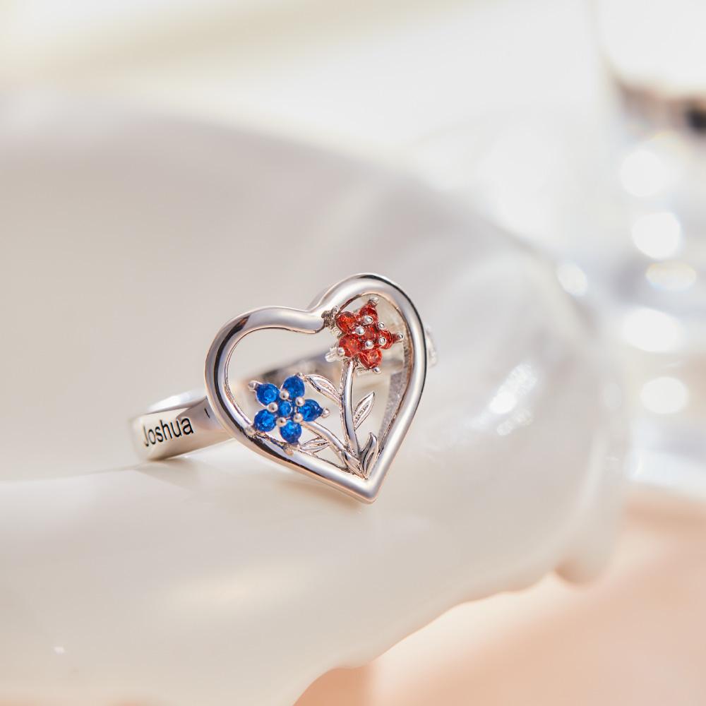 Custom Birthstone Engraved Rings Creative Flowers Rose Gold Gifts