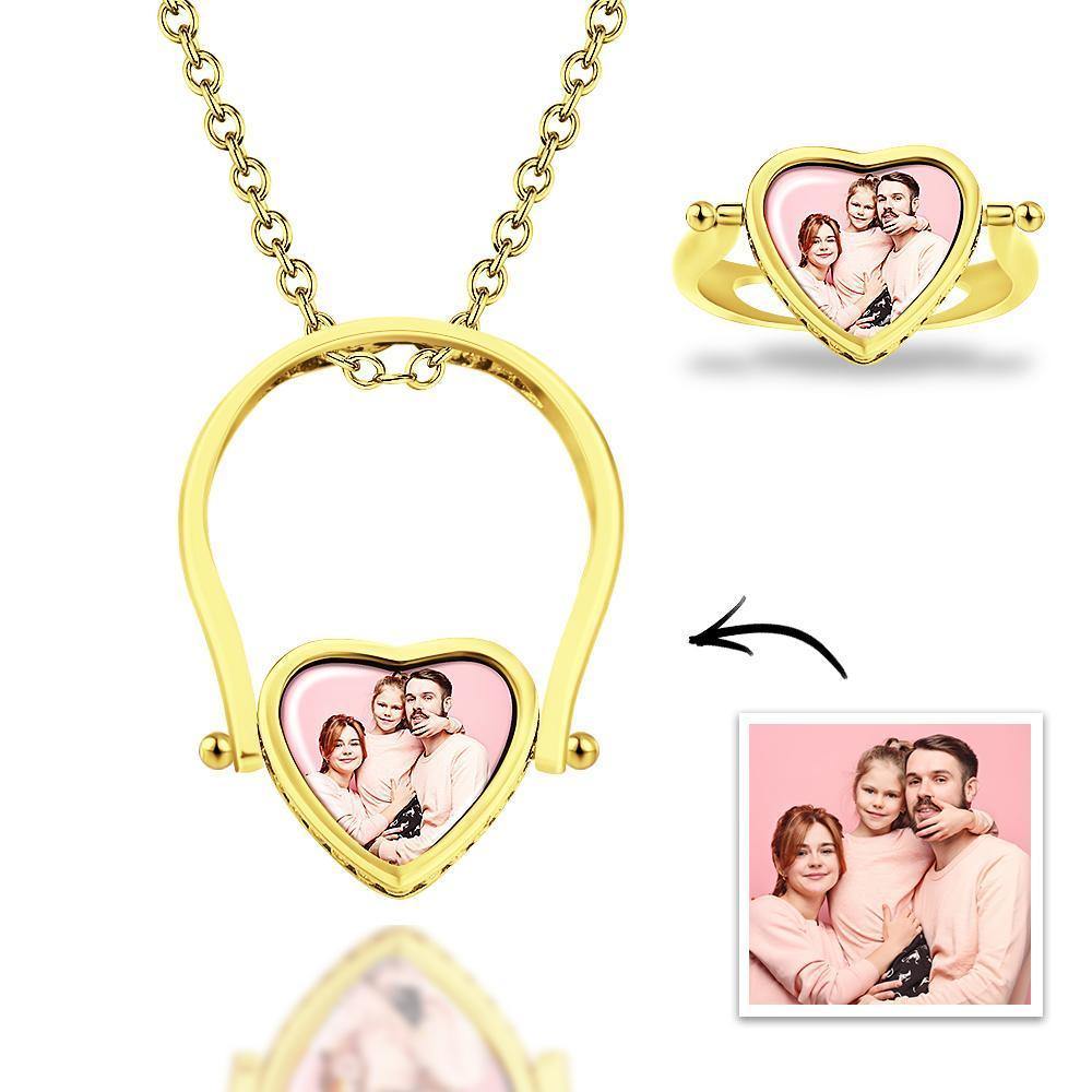 Photo Necklace, Photo Ring Gifts Dual-use (Ring Size 7#) 14k Gold Plated