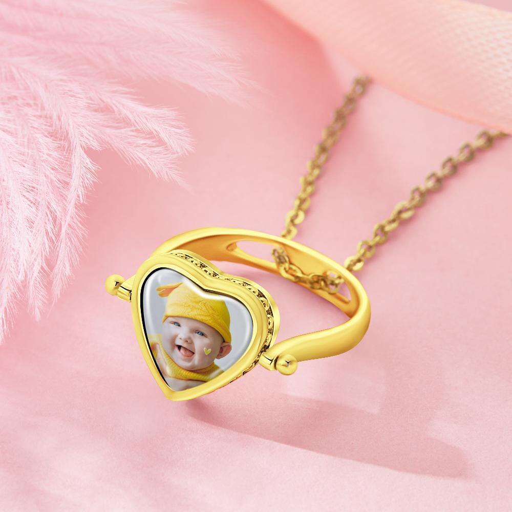 Photo Necklace, Photo Ring Couple's Gifts Dual-use (Ring Size 8#) 14k Gold Plated