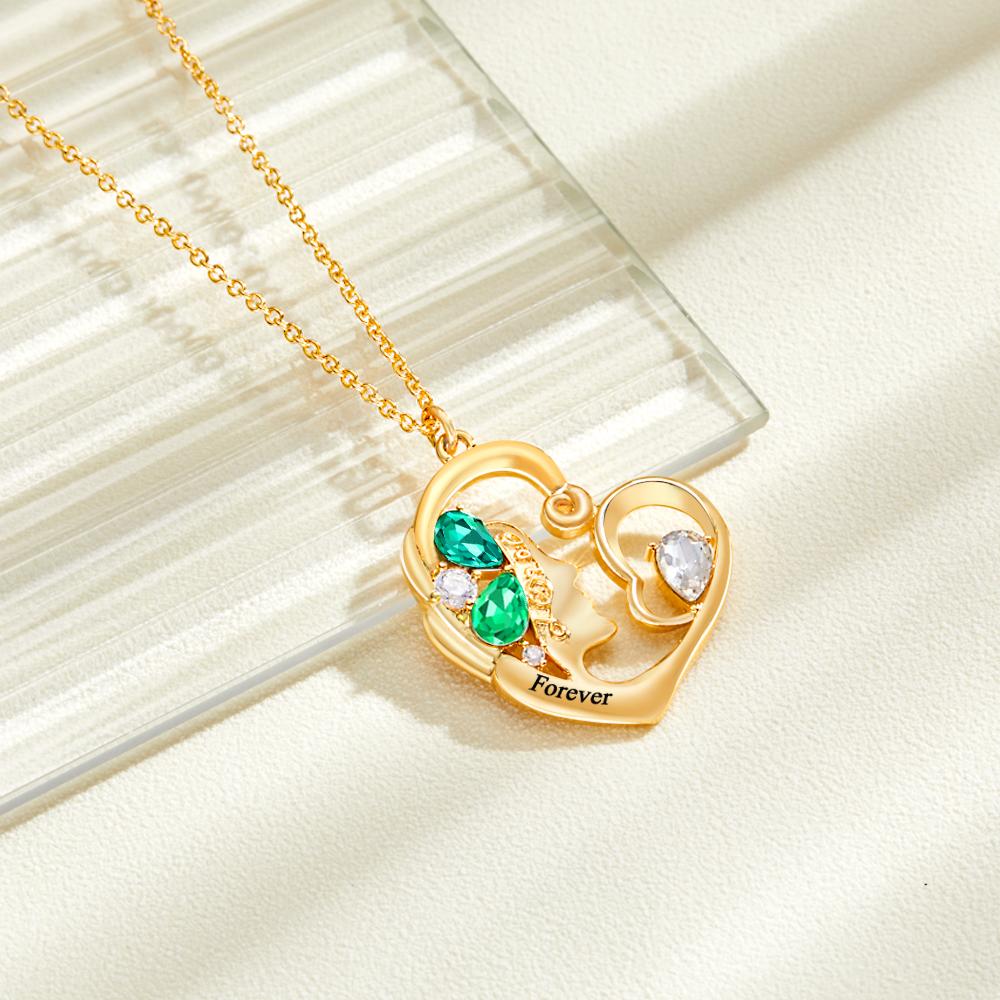 Custom Birthstone Women Necklace Personalized Engraved Heart Charm Gifts