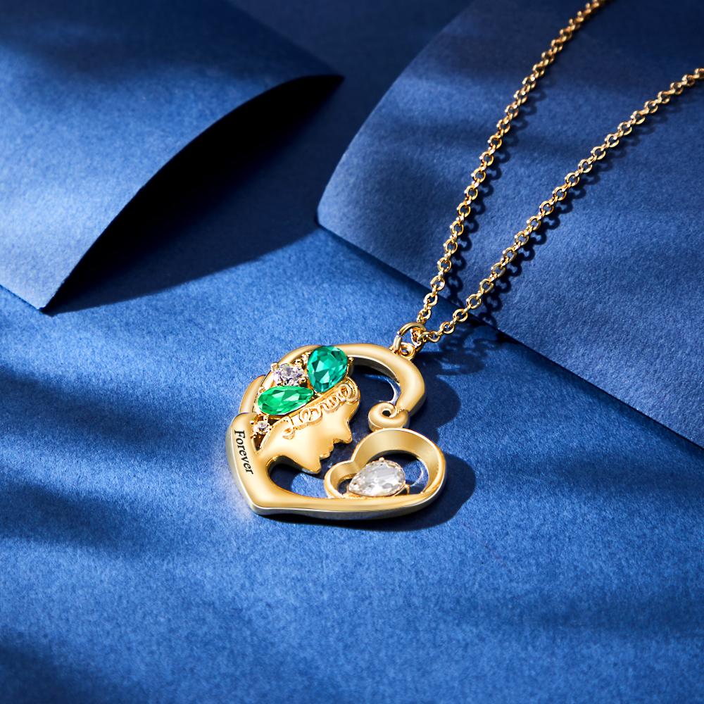 Custom Birthstone Women Necklace Personalized Engraved Heart Charm Gifts