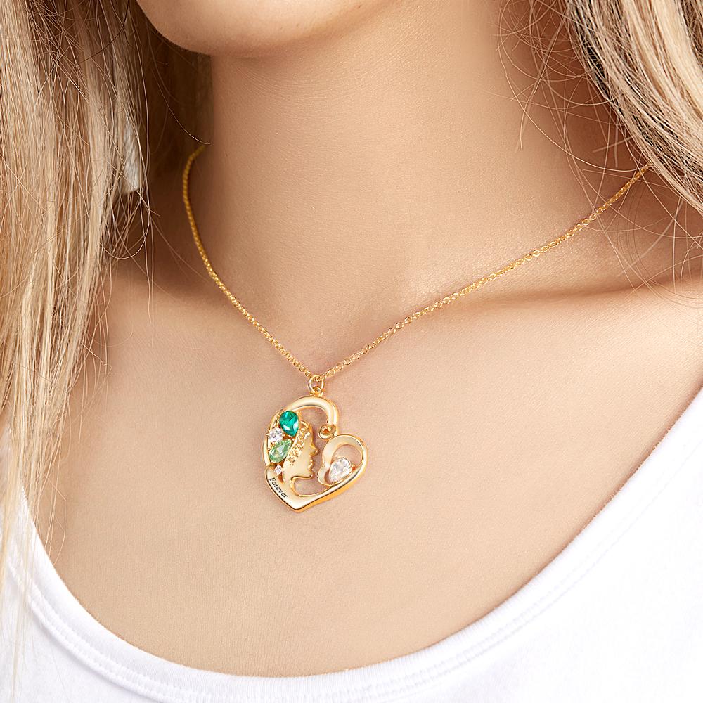 Custom Birthstone Women Necklace Personalized Engraved Heart Charm Gifts