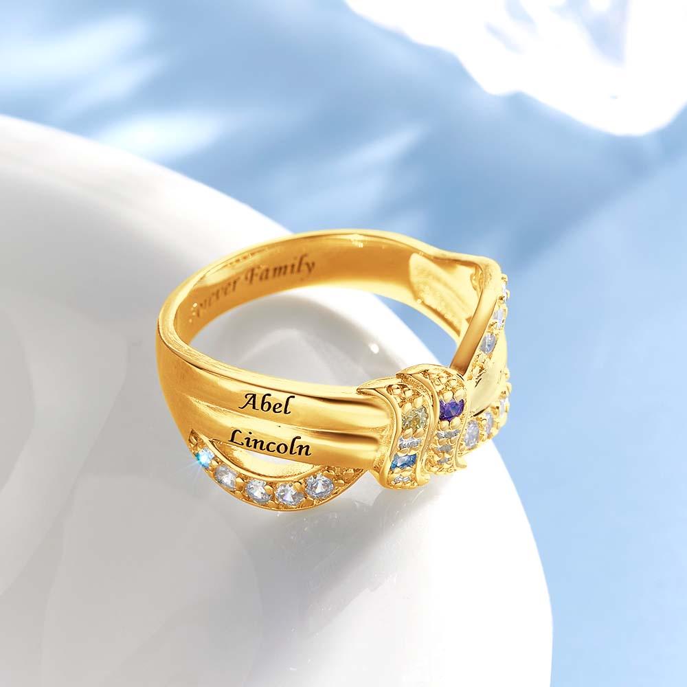Custom Name and Text Birthstone Ring 18k Gold Plated Personalized Family Ring Gift For Her