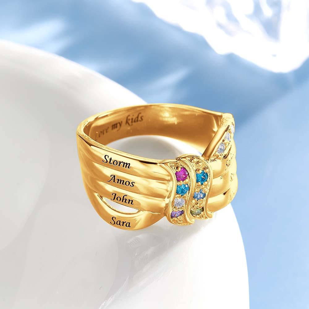Custom Name and Text Birthstone Ring 18k Gold Plated Personalized Family Ring Gift For Her