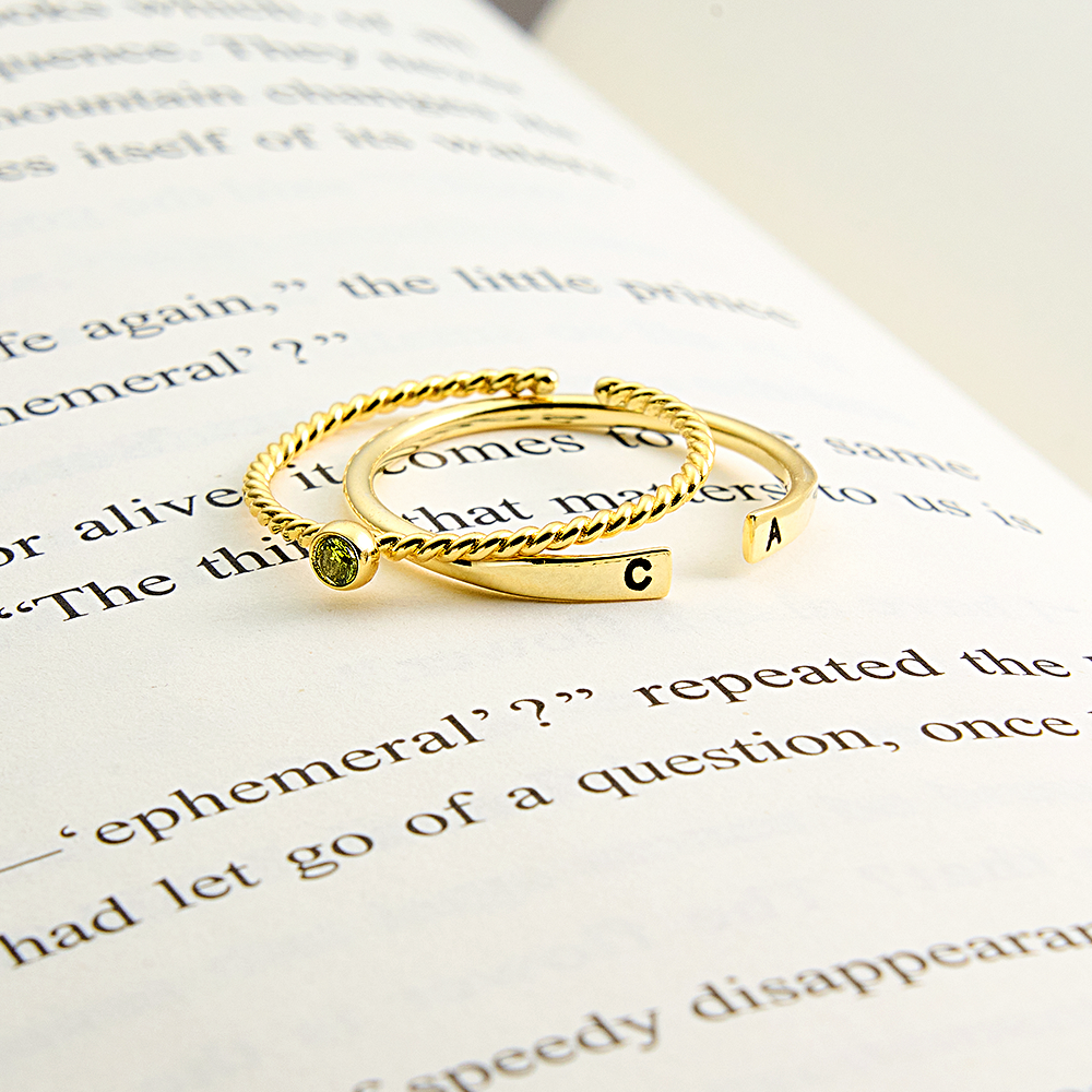 Custom Initial Ring Set Personalized Adjustable Filled Twisted Birthstone Two Rings Set