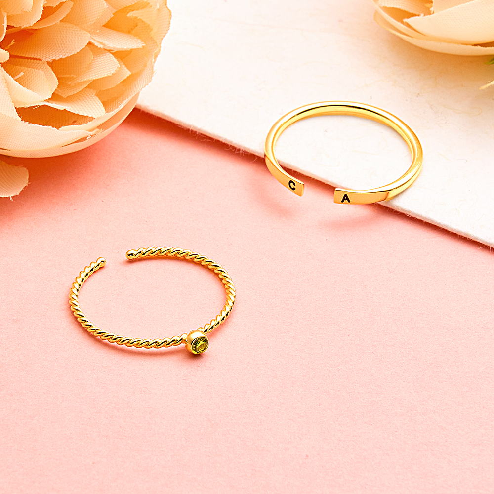 Custom Initial Ring Set Personalized Adjustable Filled Twisted Birthstone Two Rings Set