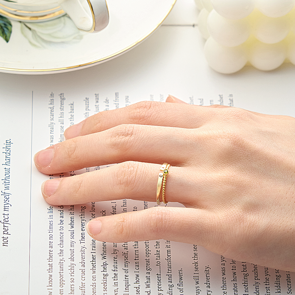 Custom Initial Ring Set Personalized Adjustable Filled Twisted Birthstone Two Rings Set