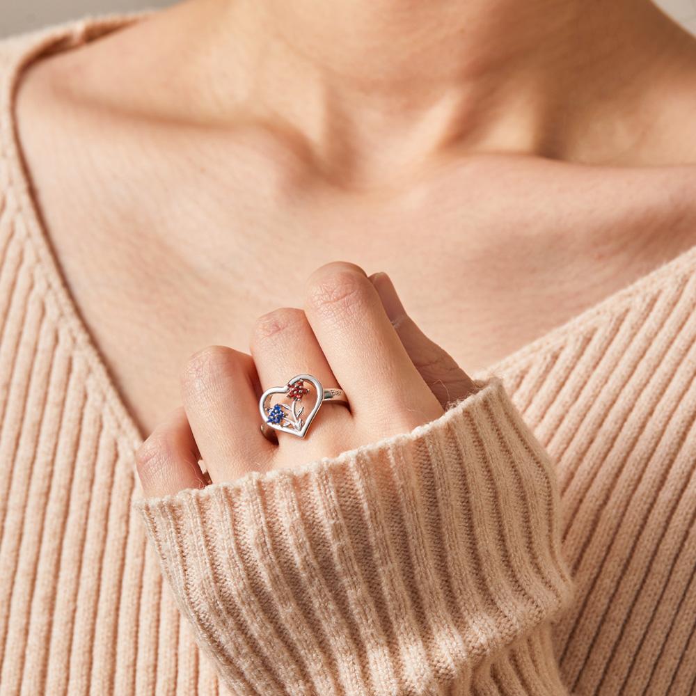 Custom Birthstone Engraved Rings Creative Flowers Rose Gold Gifts