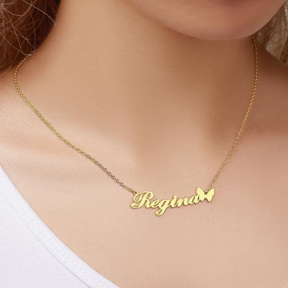 Custom Name Necklace with Butterfly Pendant for Girlfriend 14k Gold Plated