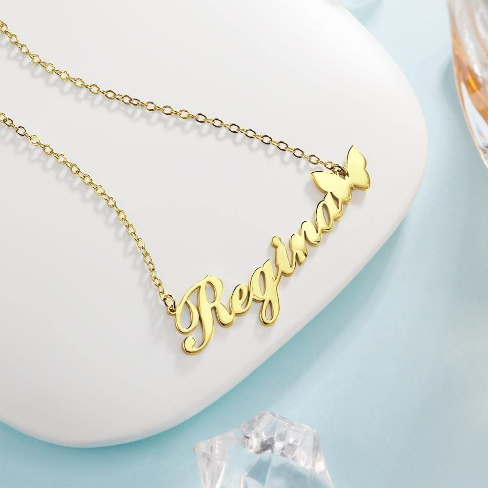 Custom Name Necklace with Butterfly Pendant for Girlfriend 14k Gold Plated