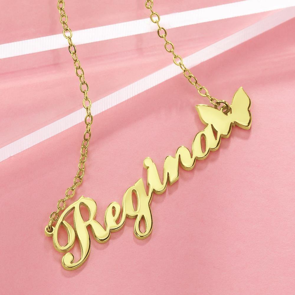 Custom Name Necklace with Butterfly Pendant for Girlfriend 14k Gold Plated