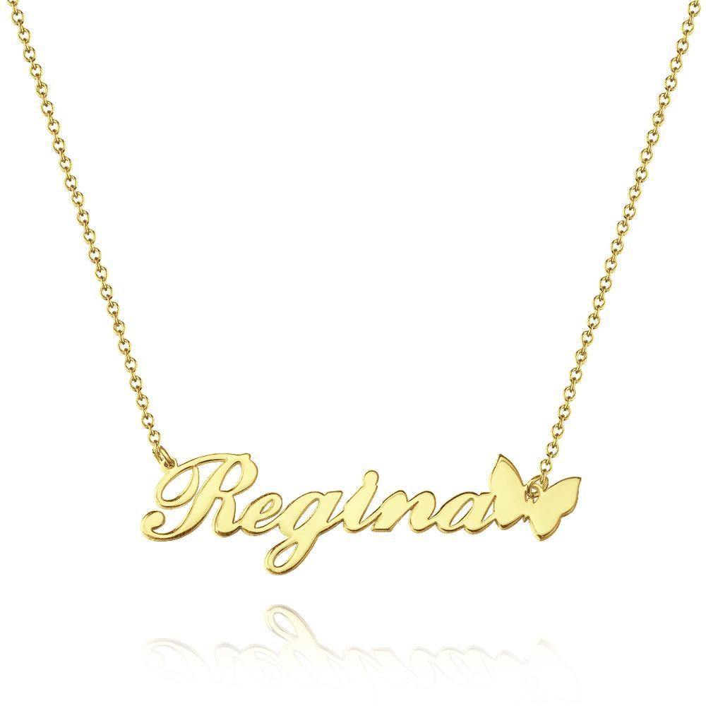 Name Necklace with Butterfly Pendant for Girlfriend 14k Gold Plated Silver