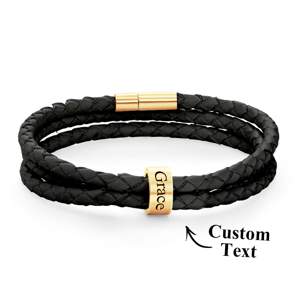 Men Braided Leather Bracelet with Small Custom Beads