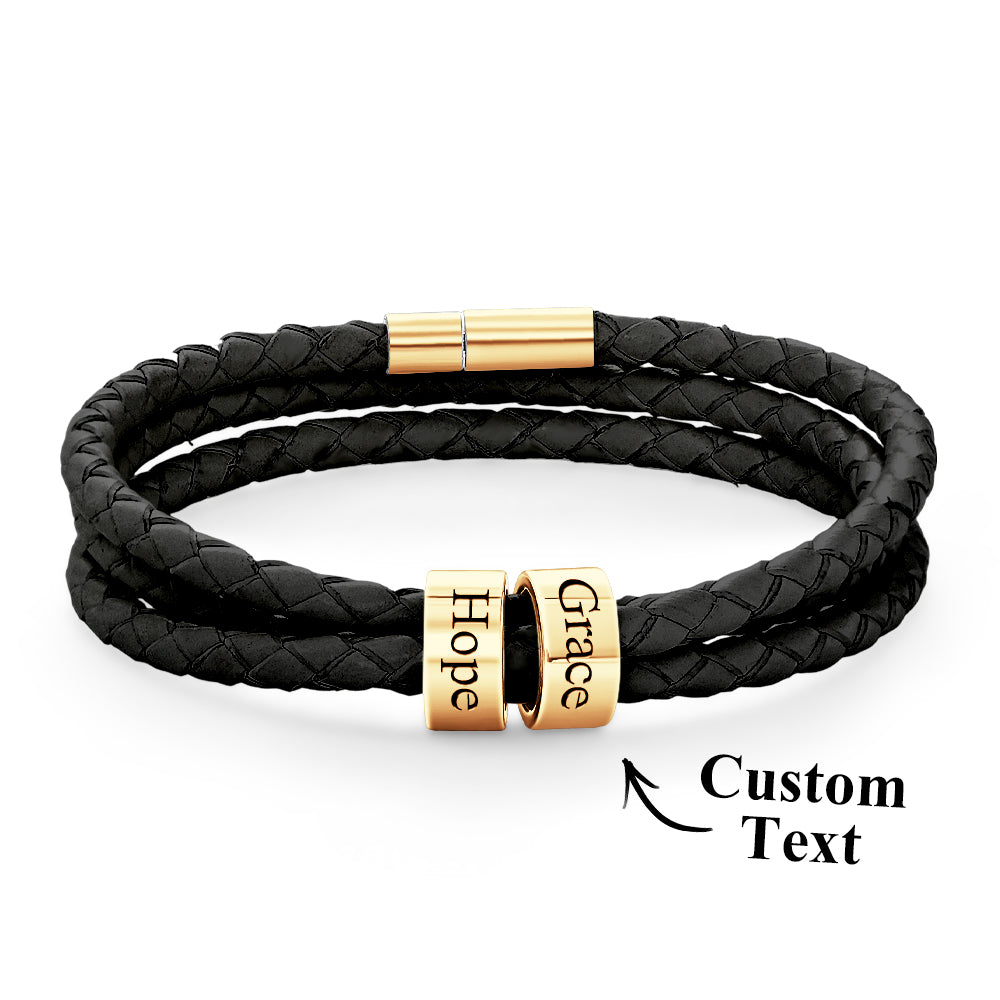 Men Braided Leather Bracelet with Small Custom Beads