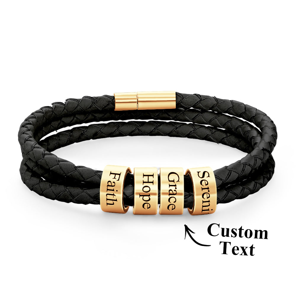 Men Braided Leather Bracelet with Small Custom Beads