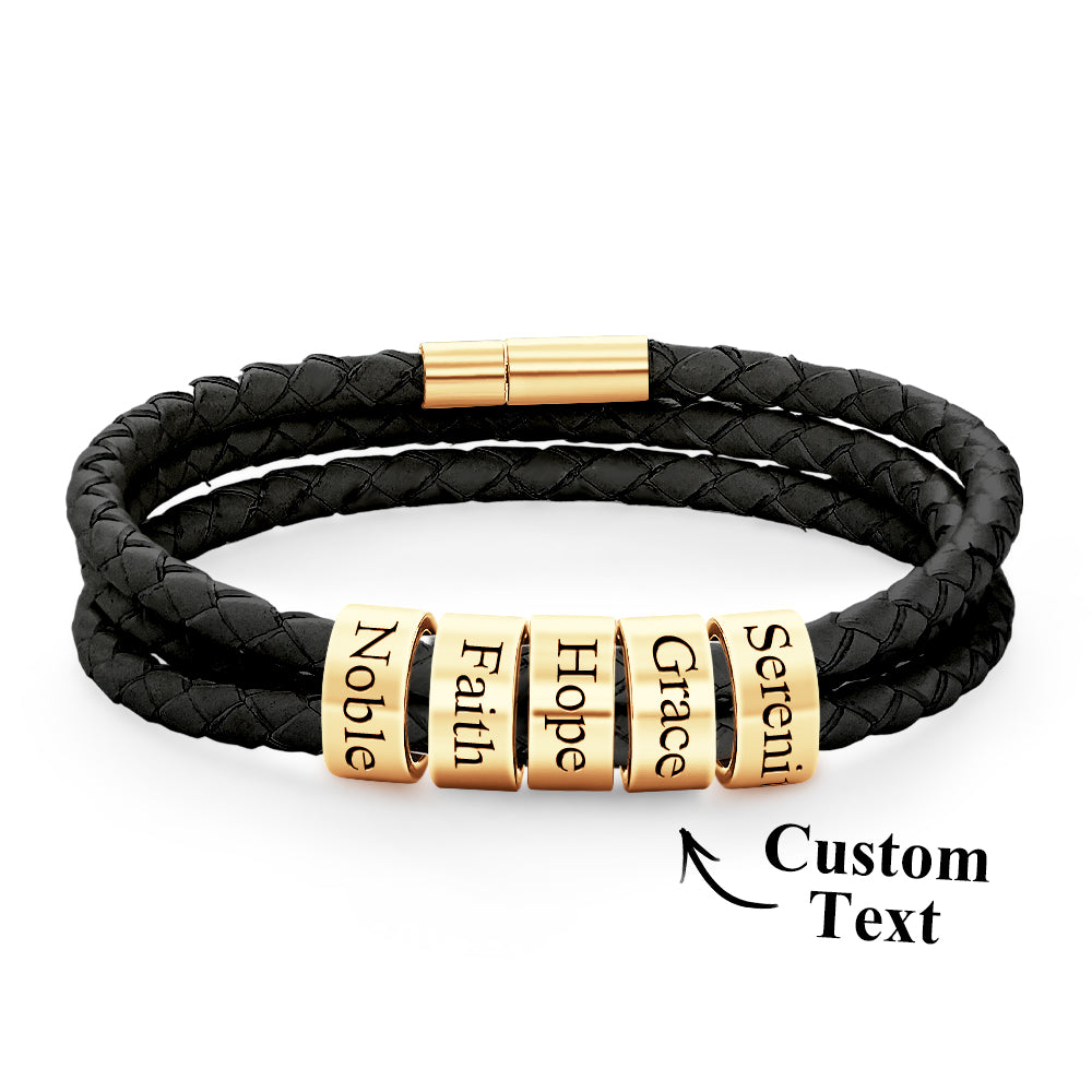 Men Braided Leather Bracelet with Small Custom Beads