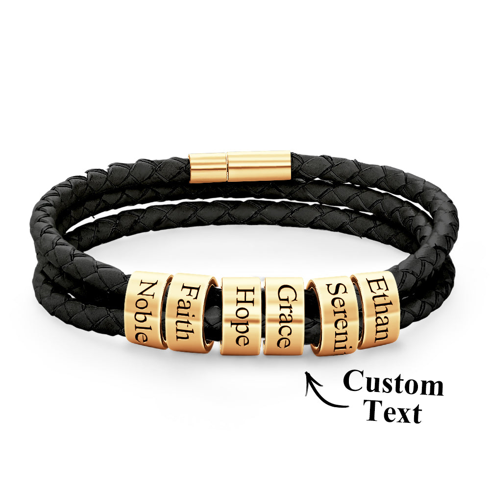 Men Braided Leather Bracelet with Small Custom Beads