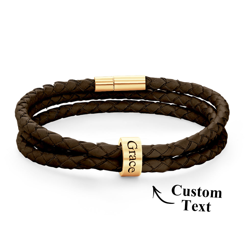 Men Braided Leather Bracelet with Small Custom Beads