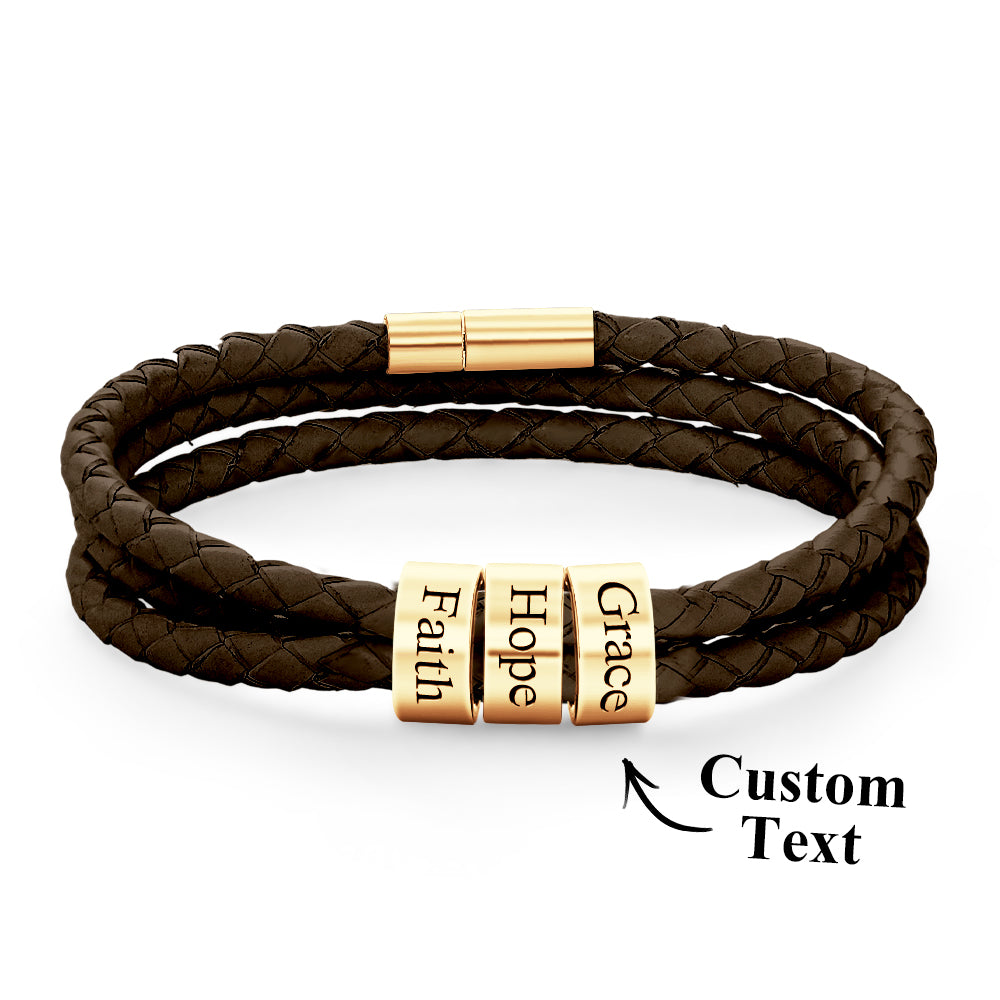 Men Braided Leather Bracelet with Small Custom Beads