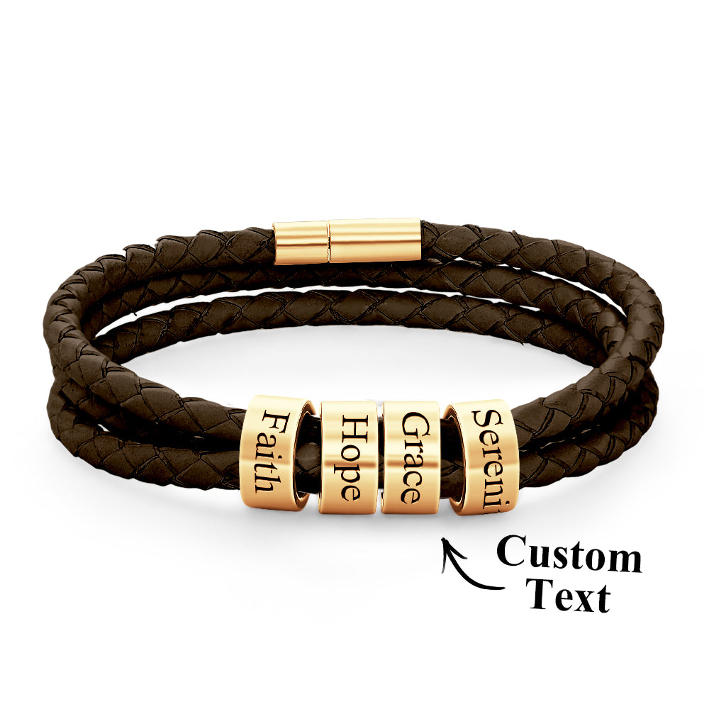 Men Braided Leather Bracelet with Small Custom Beads