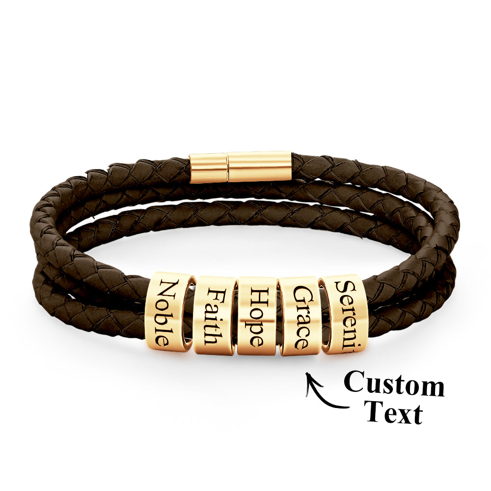 Men Braided Leather Bracelet with Small Custom Beads