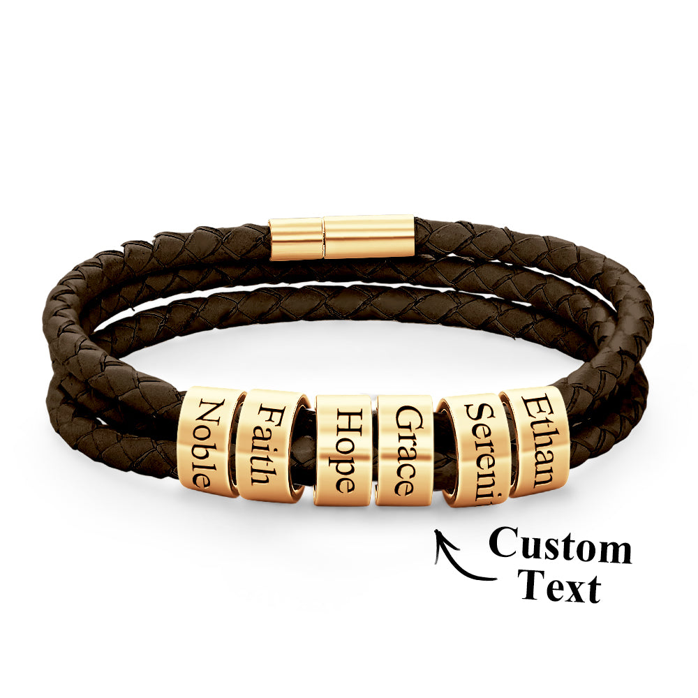 Men Braided Leather Bracelet with Small Custom Beads