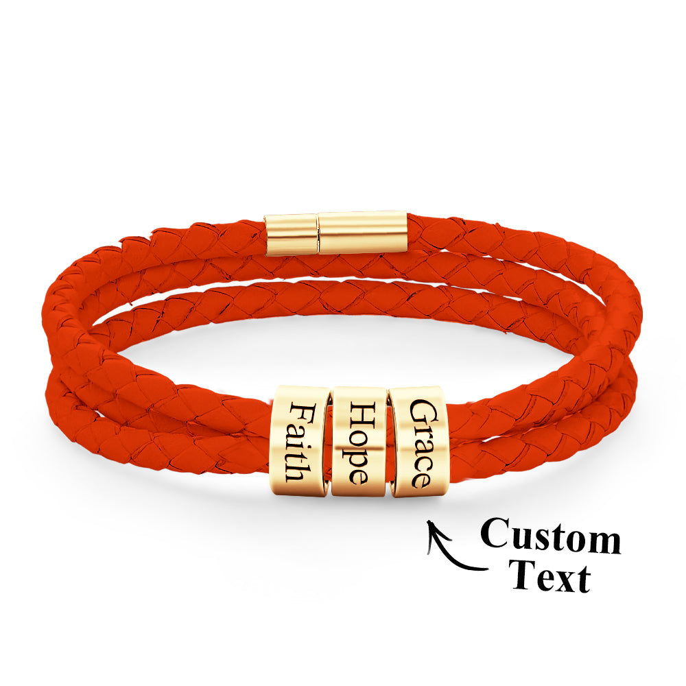 Men Braided Leather Bracelet with Small Custom Beads