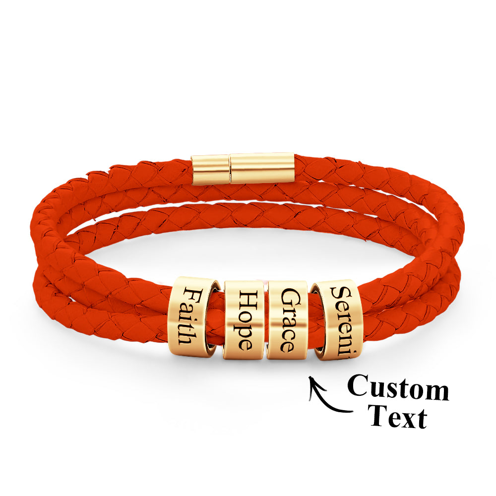 Men Braided Leather Bracelet with Small Custom Beads