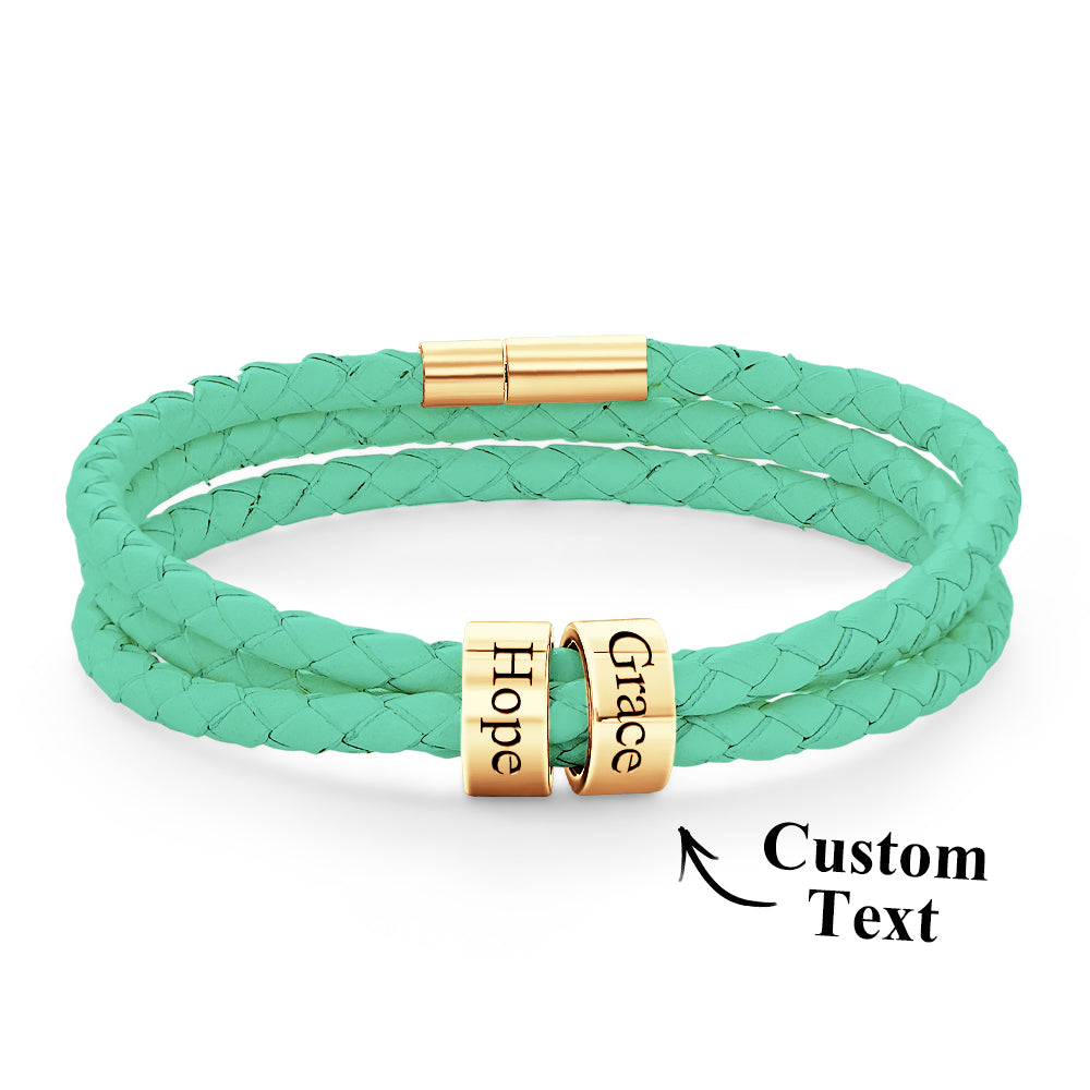 Men Braided Leather Bracelet with Small Custom Beads