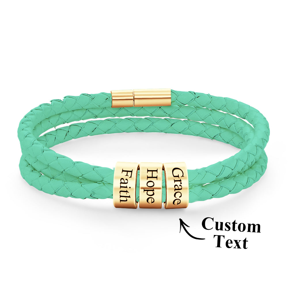 Men Braided Leather Bracelet with Small Custom Beads
