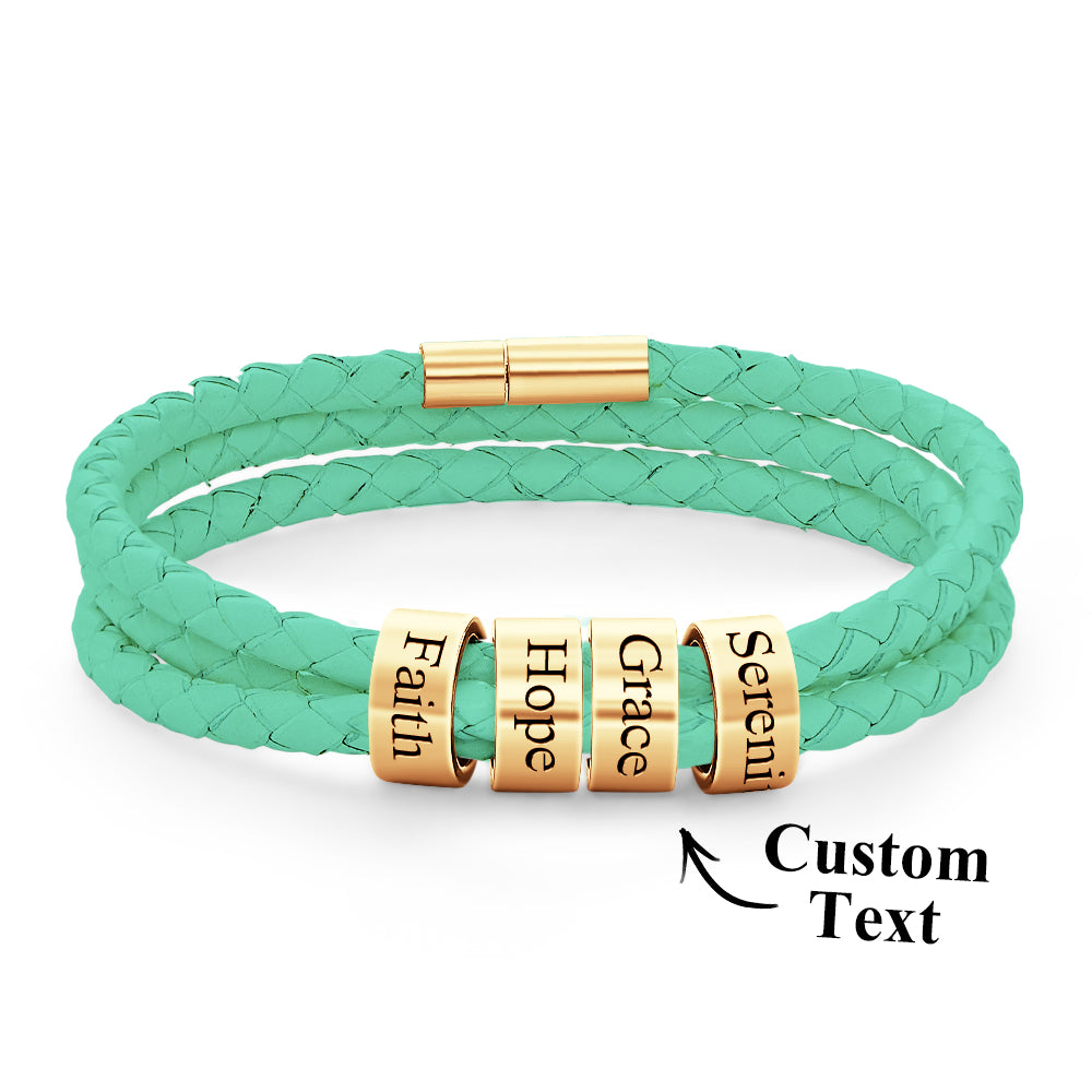 Men Braided Leather Bracelet with Small Custom Beads
