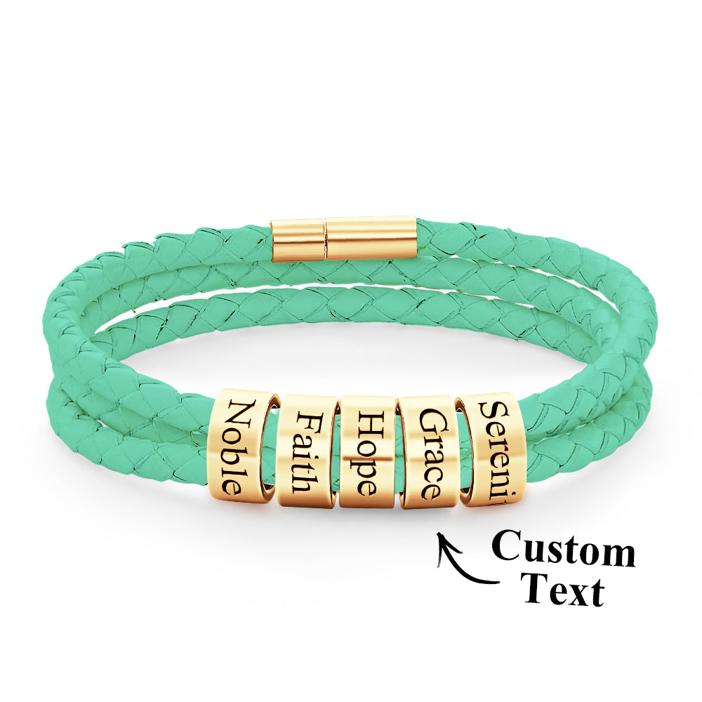 Men Braided Leather Bracelet with Small Custom Beads