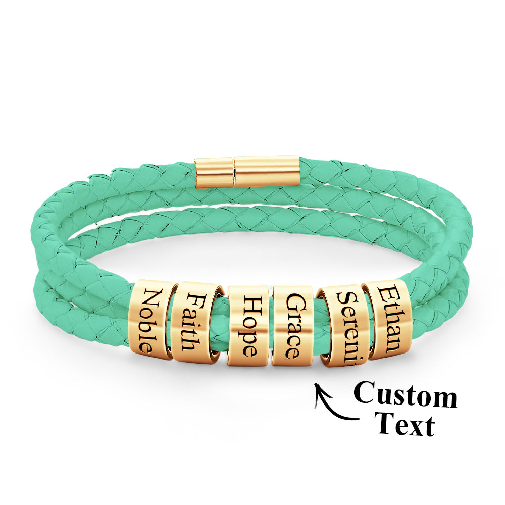 Men Braided Leather Bracelet with Small Custom Beads