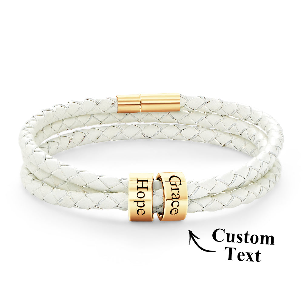 Men Braided Leather Bracelet with Small Custom Beads