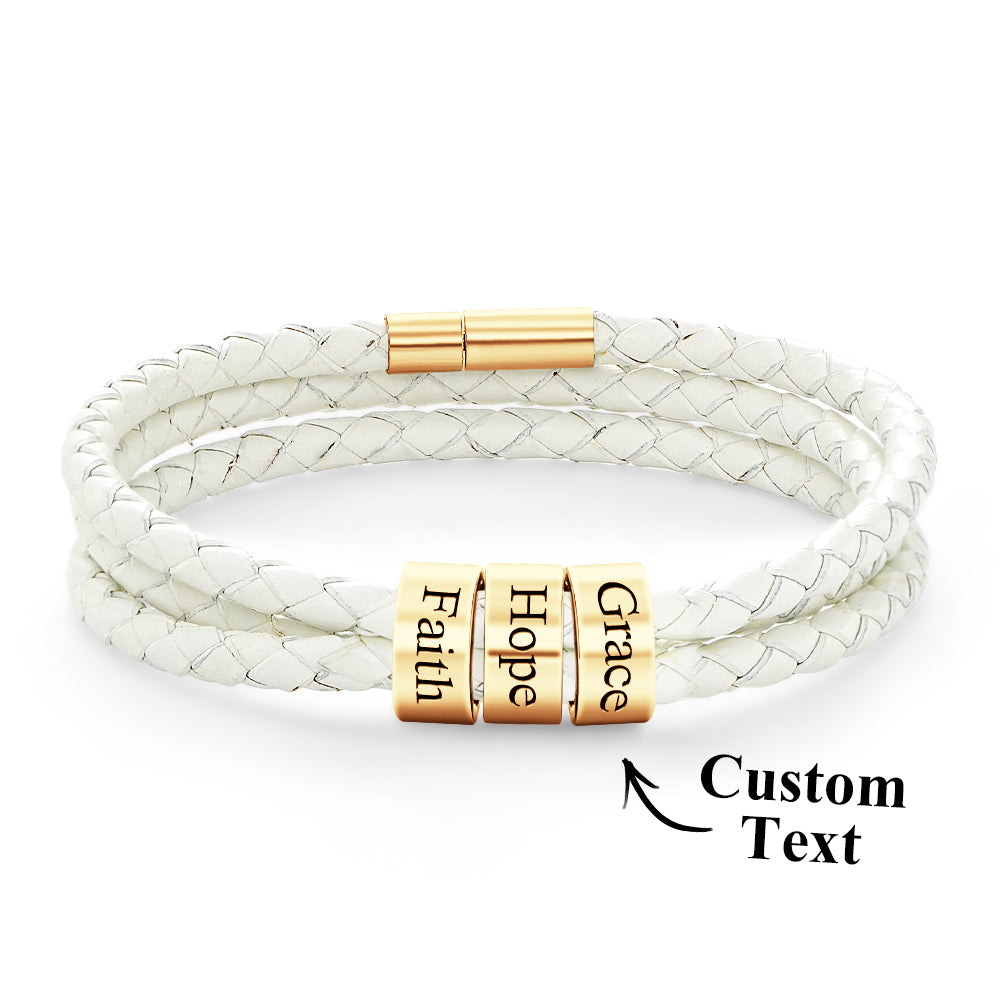 Men Braided Leather Bracelet with Small Custom Beads