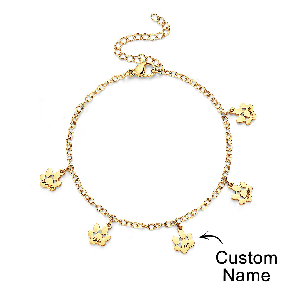 Custom Name Paw Print Bracelets 1-6 Names Dog Paw Bracelets Minimalist Cat Paw Bracelets for Pet Lover
