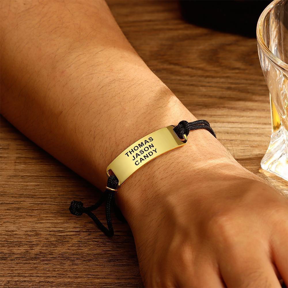 Engraved Leather Bracelet Custom Bracelet Bentcard Bracelet Gift for Men -14k Gold Plated
