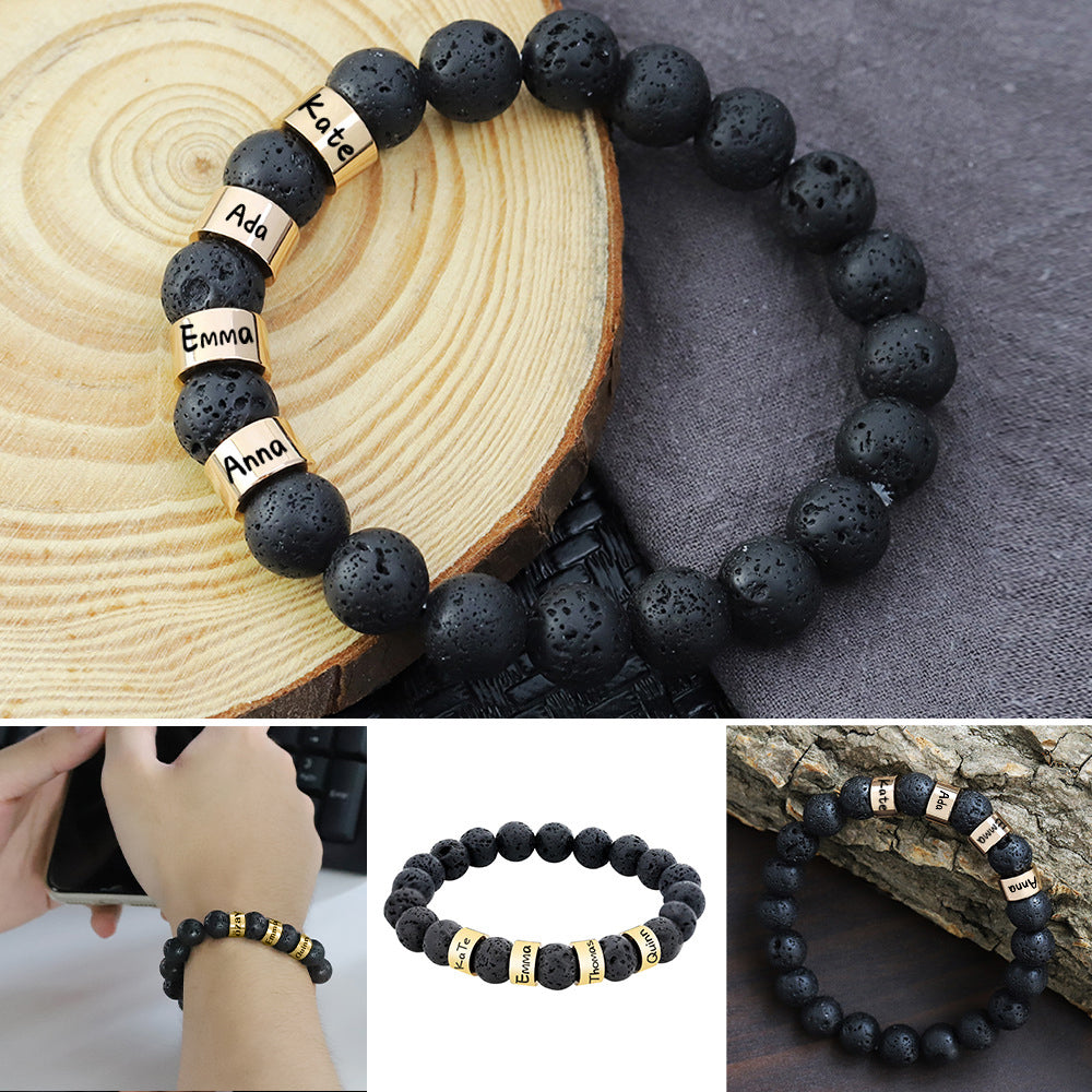Personalized Name Black Lava Stone Bead Bracelet Gift for Men Husband Father Grandfather